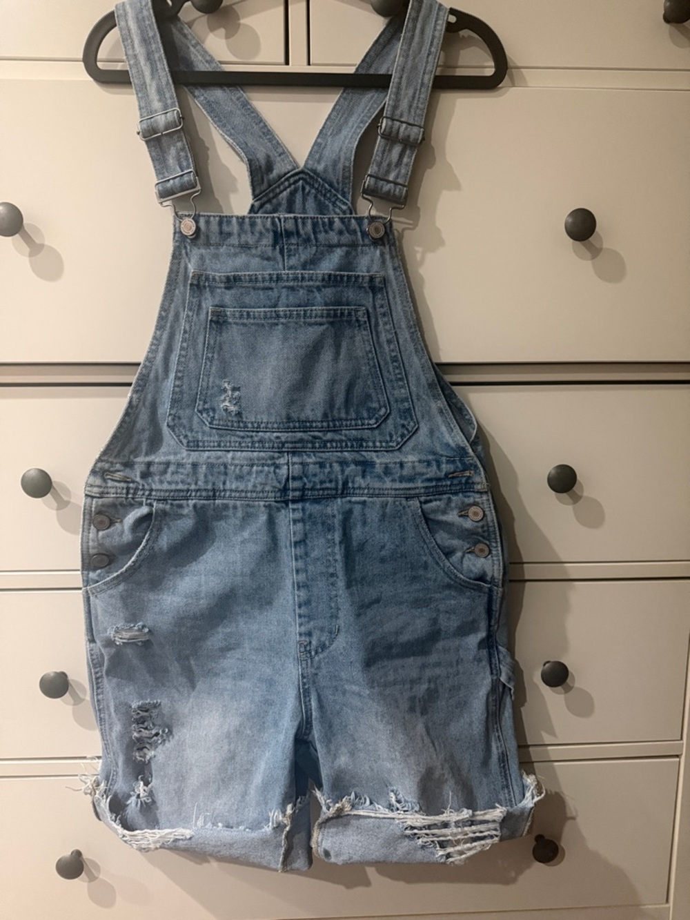 KanCan Light Blue Distressed Denim Short Overalls